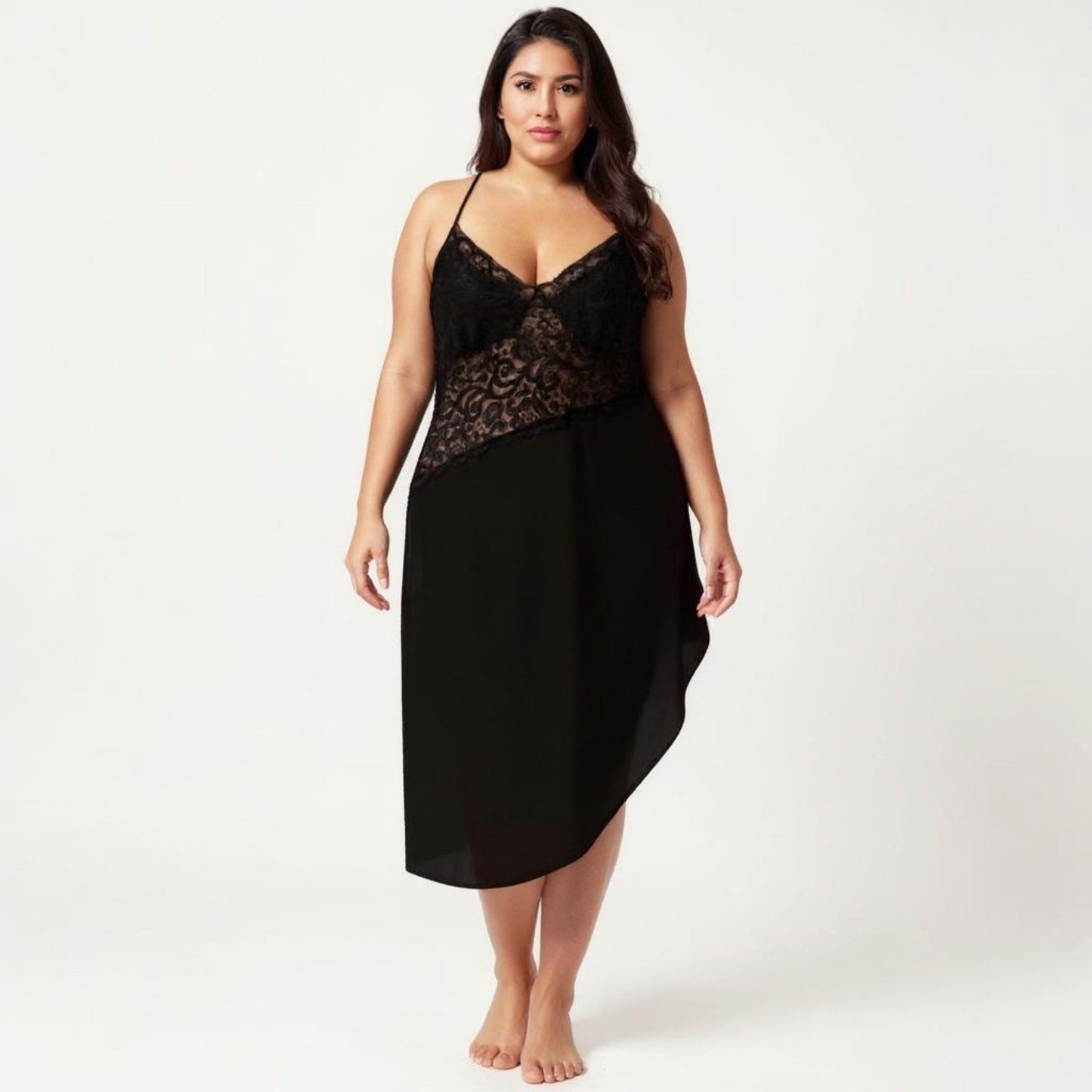Plus Size Lace Panel Slip Nightgown with Adjustable Spaghetti Straps V Neck Asymmetrical Hem Sleepwear