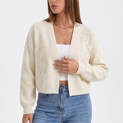 Butterfly Applique Open Front Cropped Cardigan Sweater