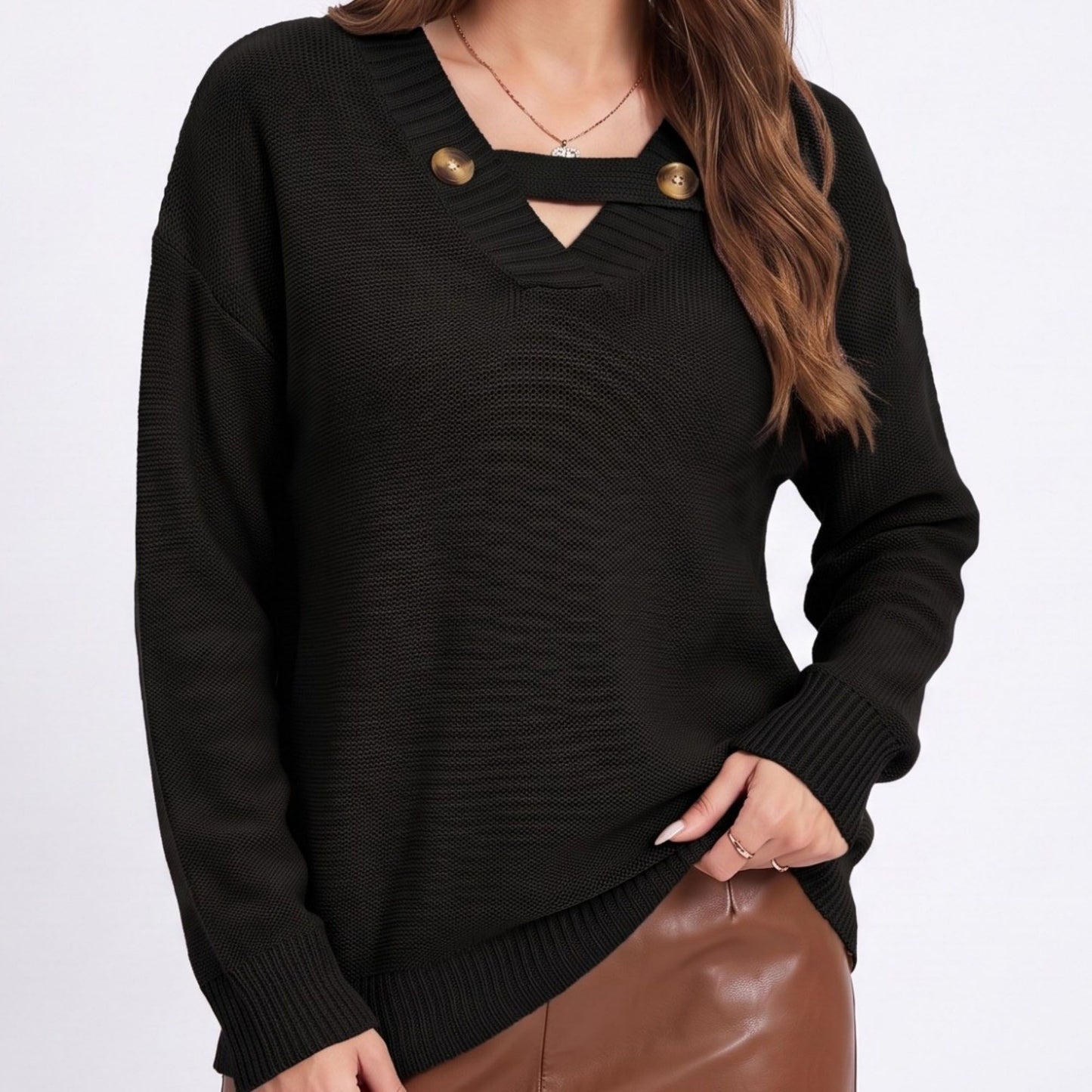 Long Sleeve V Neck Knit Pullover Sweater with Button Detail