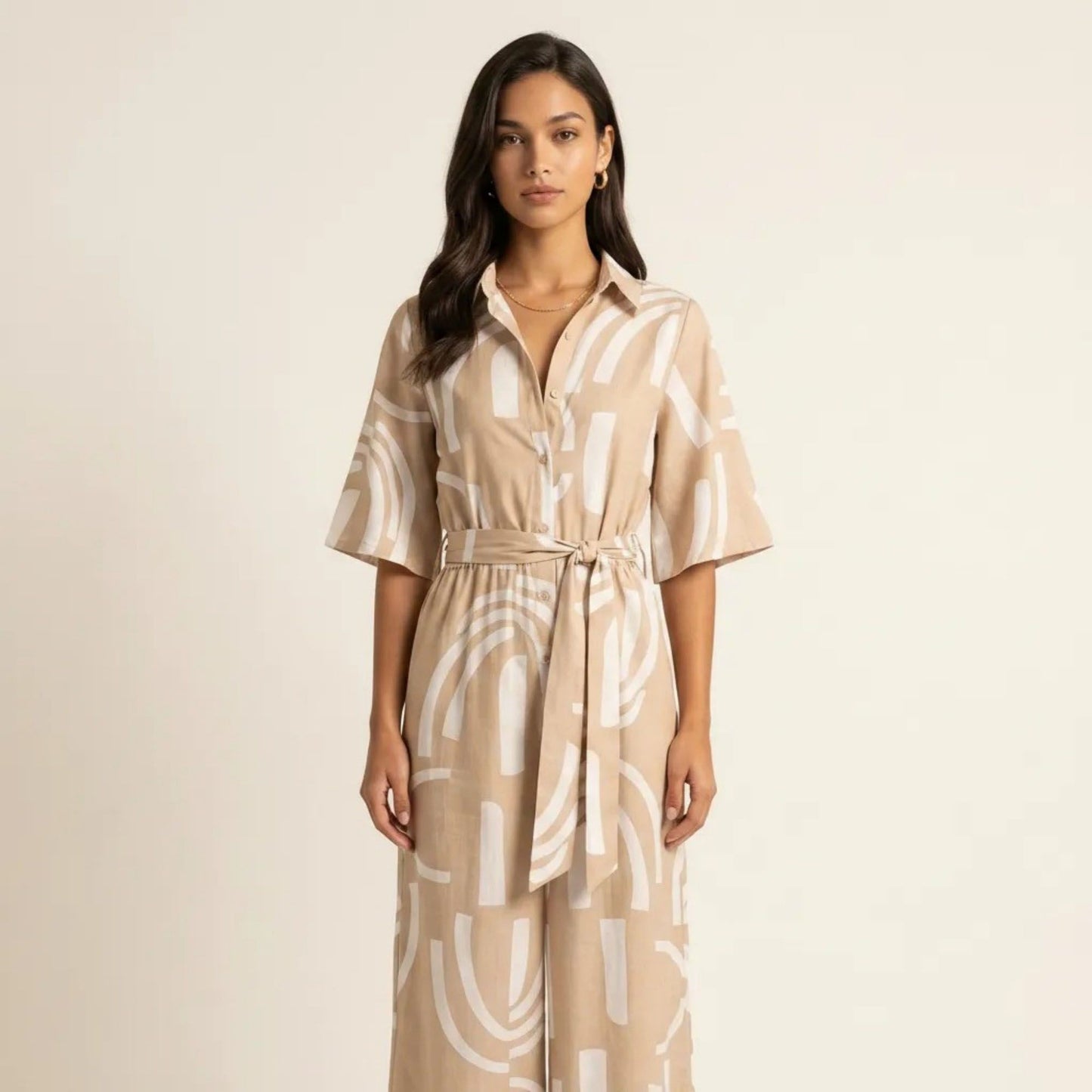 Printed Wide Leg Jumpsuit Button Front Short Sleeve Tie Waist Relaxed Fit One Piece
