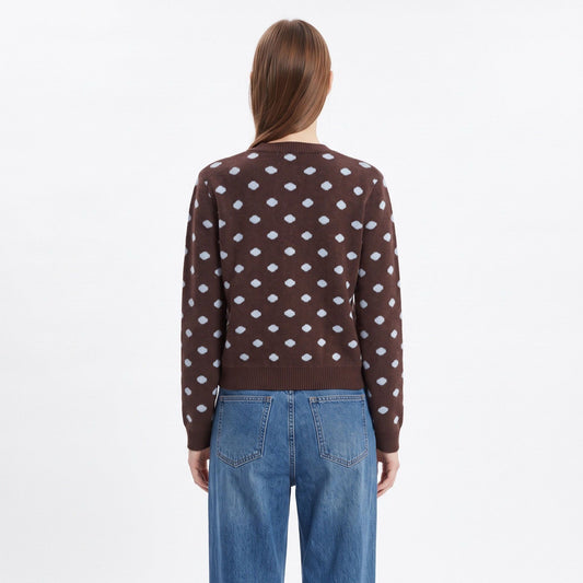 Polka Dot Crewneck Button Front Cardigan Sweater