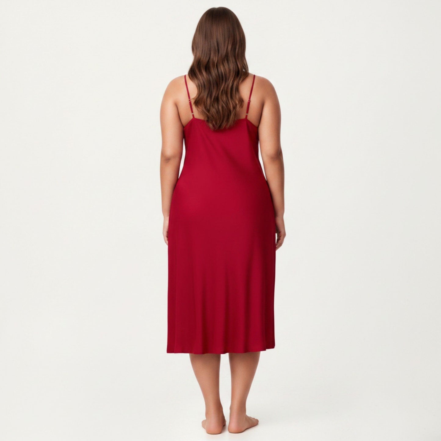 Plus Size Satin Slip Nightgown with Adjustable Spaghetti Straps Midi Length Relaxed Fit Sleepwear Dress