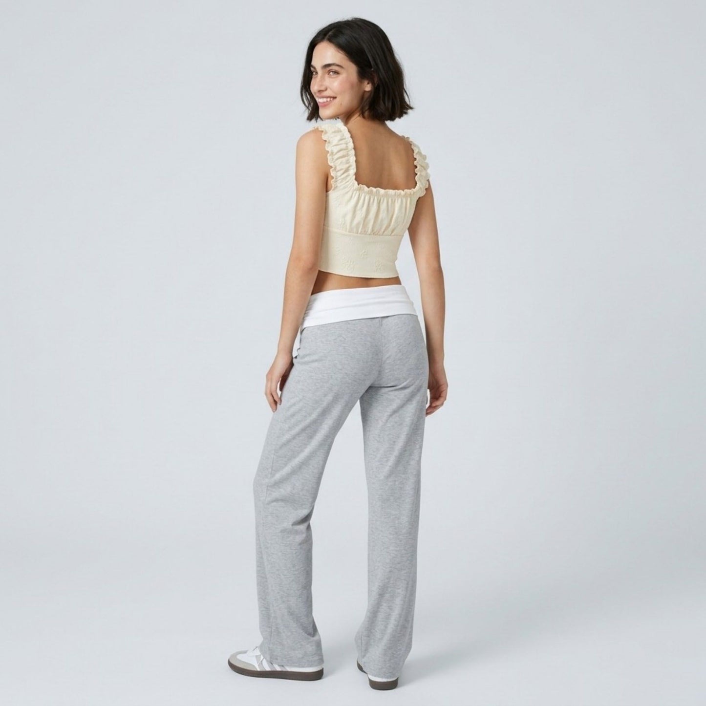 Contrast Foldover Waistband Full-Length Wide-Leg Trousers