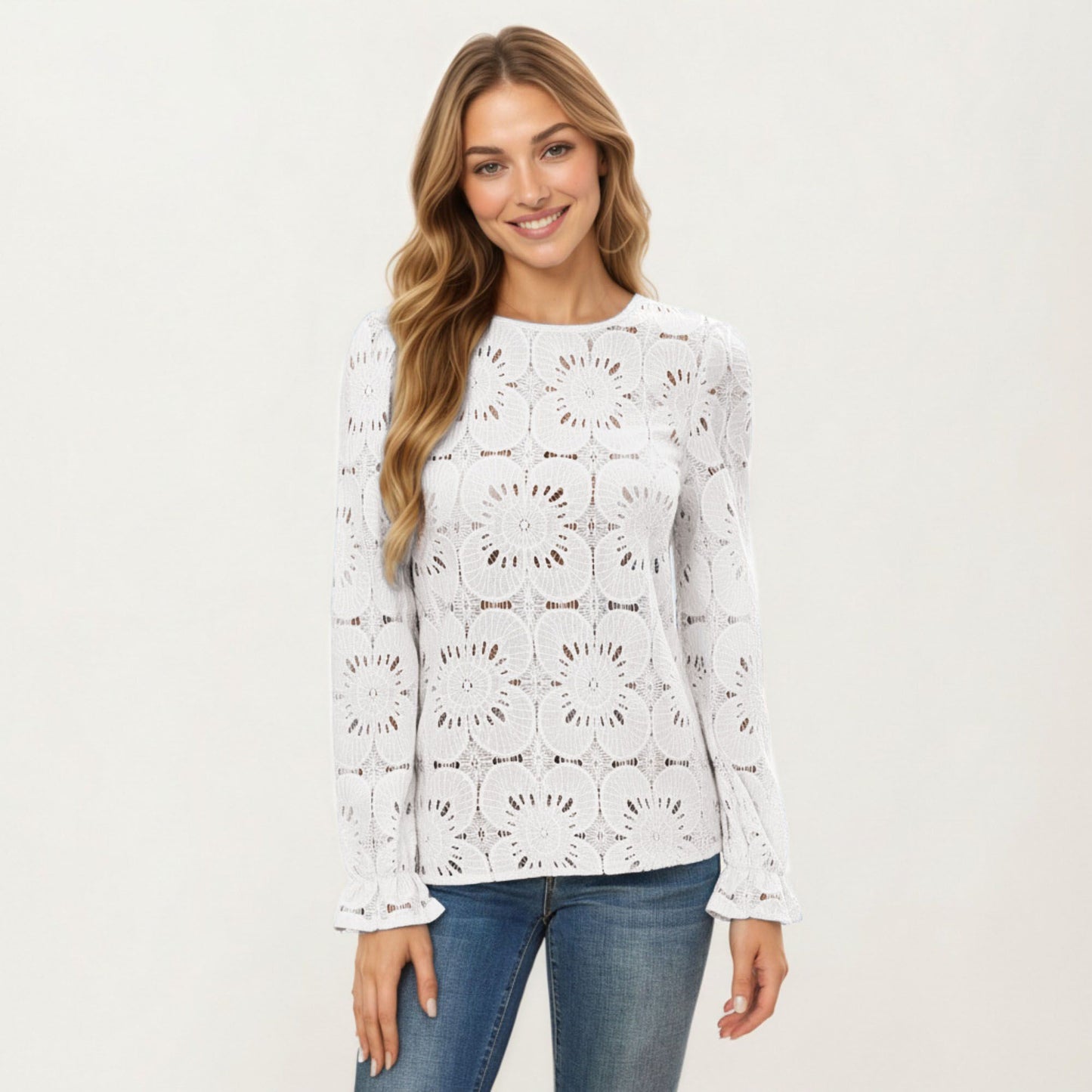 Floral Lace Long Sleeve Top with Intricate Openwork Pattern Soft Textured Fabric and Ruffled Cuff Detailing