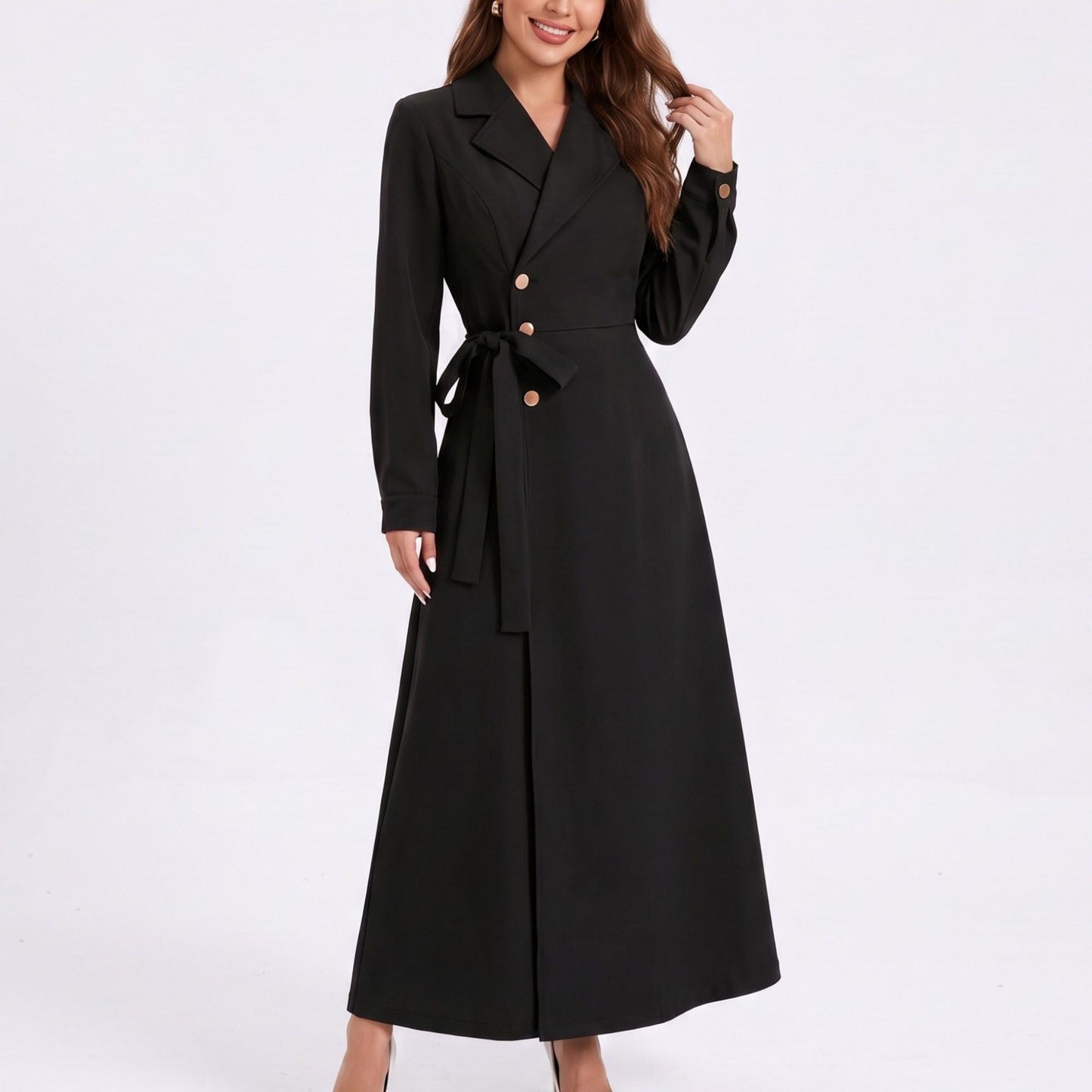Long Sleeve Belted Trench Coat with Notched Lapels and Button Front