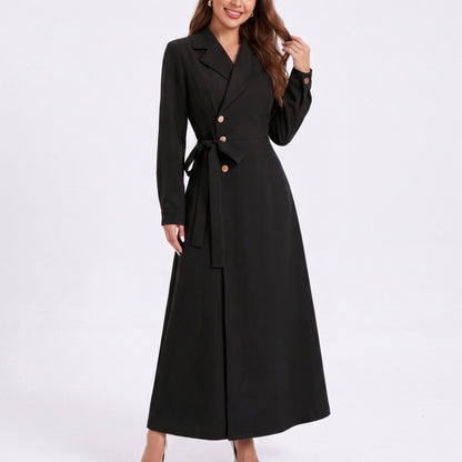 Long Sleeve Belted Trench Coat with Notched Lapels and Button Front