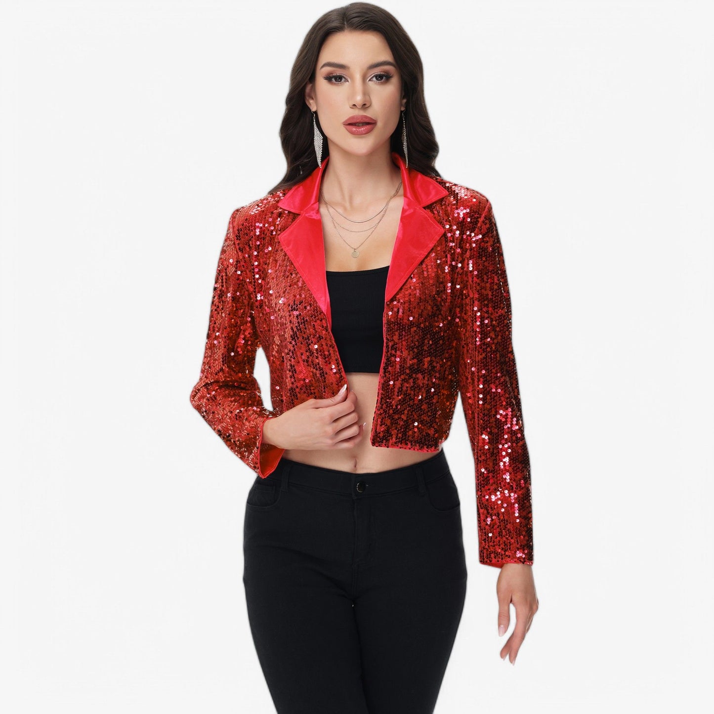 Sequin Cropped Blazer Long Sleeve Sparkly Open Front Jacket