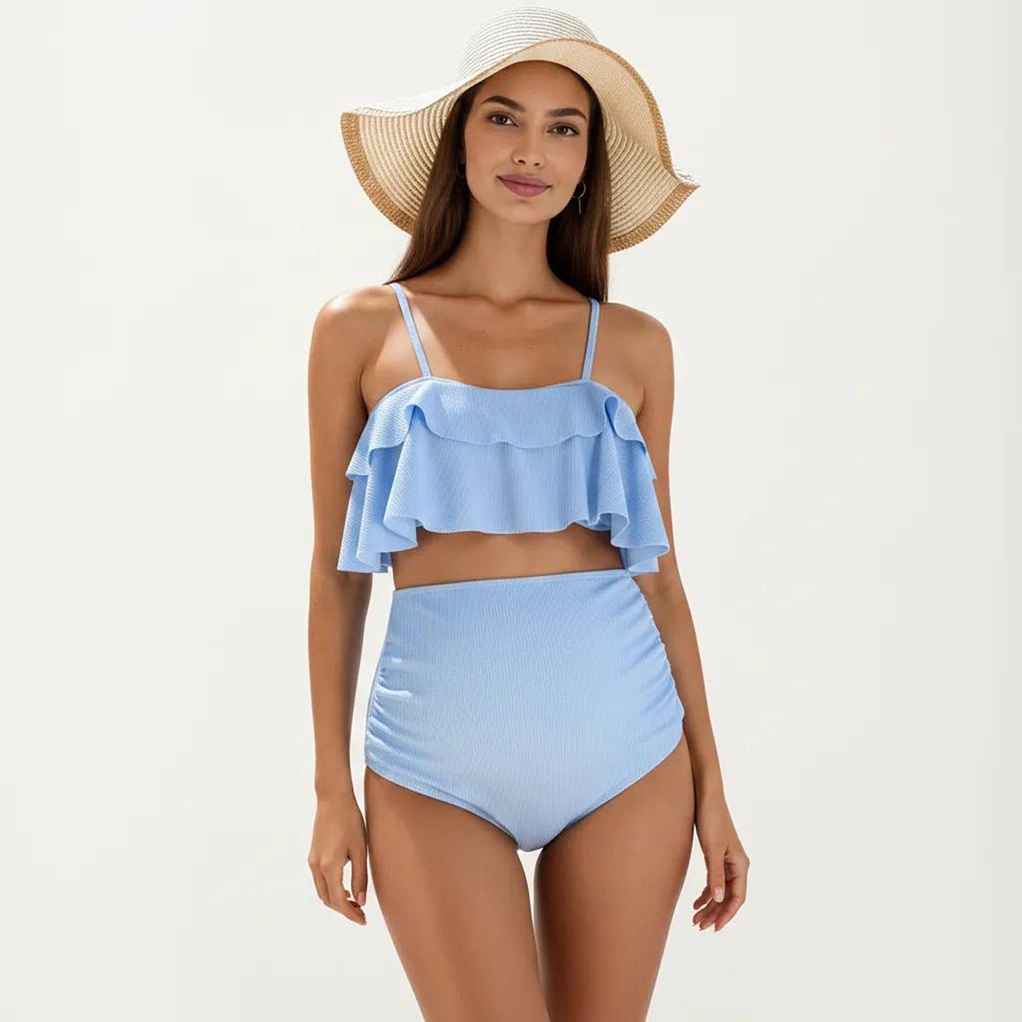 Ribbed Maternity Two-Piece Bikini Set with Ruffle Top and High-Waisted Bottom