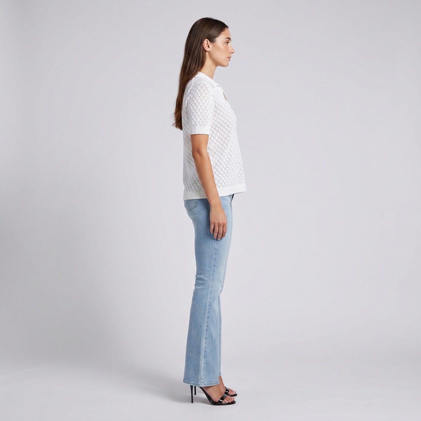 Pointelle Knit Polo Shirt Short Sleeve V-Neck Diamond Pattern Top