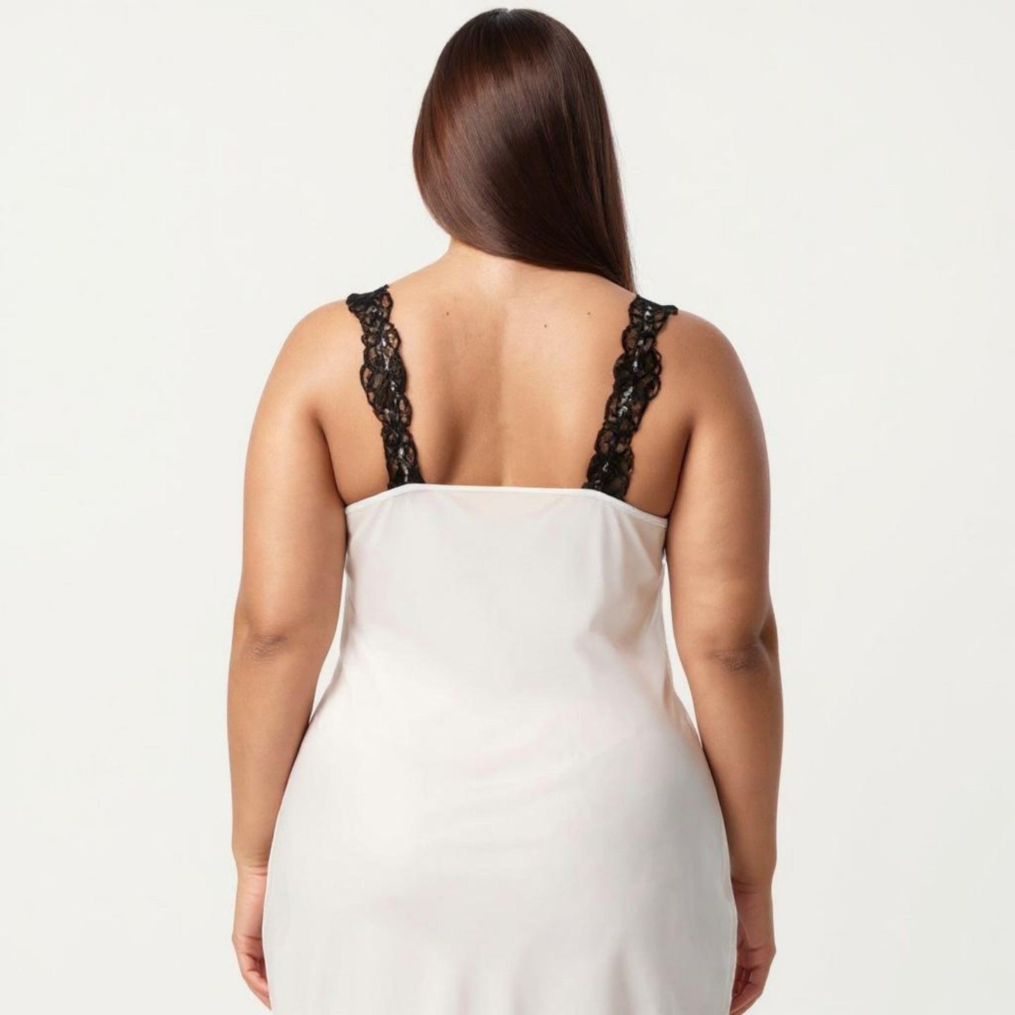 Plus Size Long Satin Chemise Lace Trim Split Hem Nightgown Adjustable Strap Slip Dress