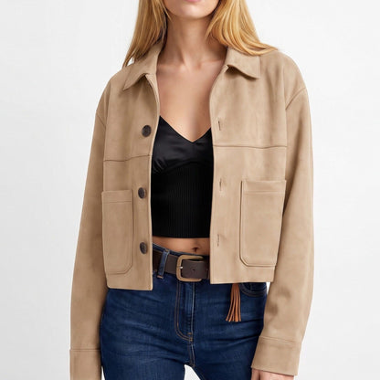Cropped Button Front Shirt Jacket with Patch Pockets