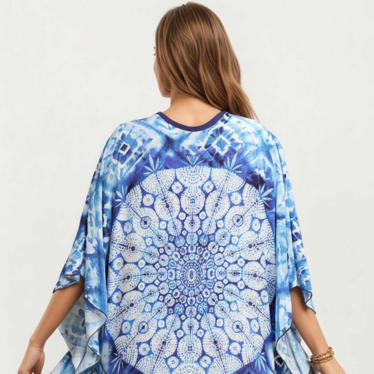 Tie Dye Medallion Kaftan Maxi Dress with V-Neckline and Relaxed Flowy Silhouette