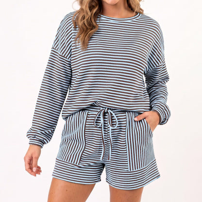 Striped 2 Piece Lounge Set with Long Sleeve Top and Drawstring Shorts