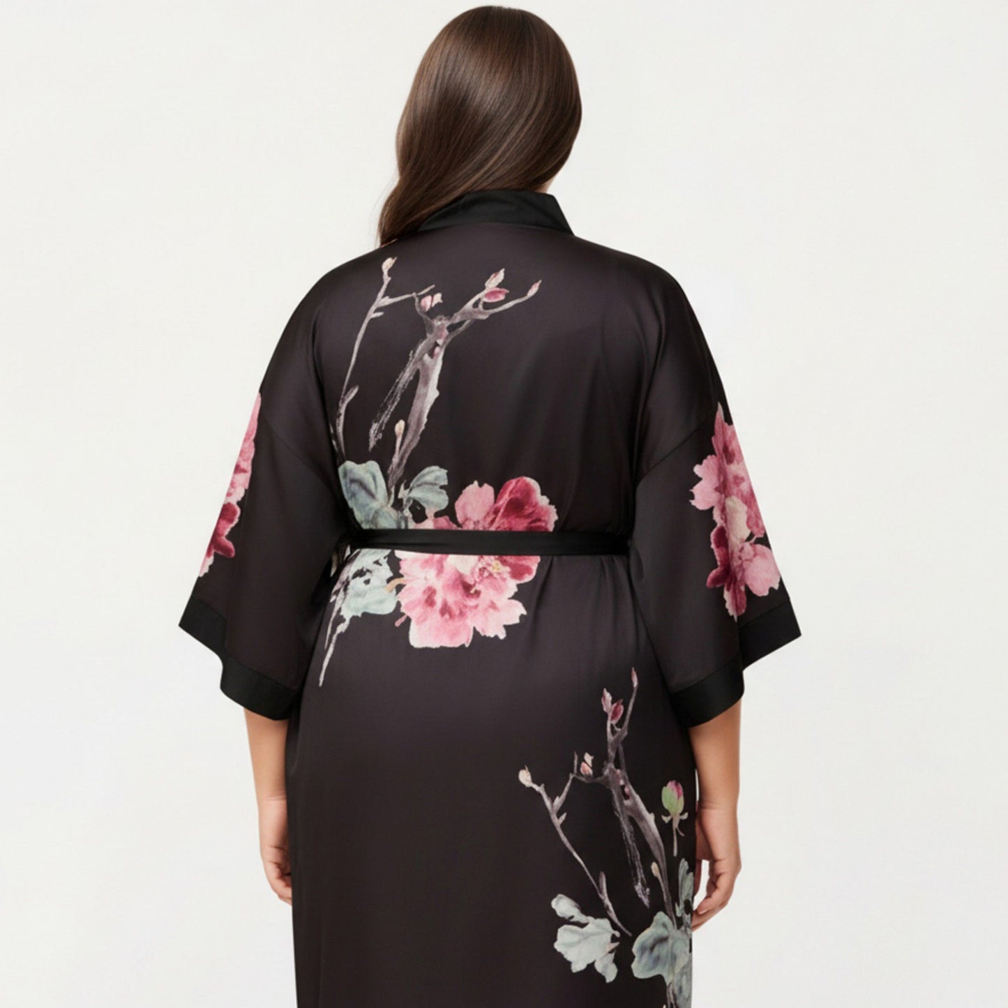 Plus Size 2-Piece Floral Kimono Robe Set with Short Sleeve Open Front Longline Cover Up and Matching Inner Dress