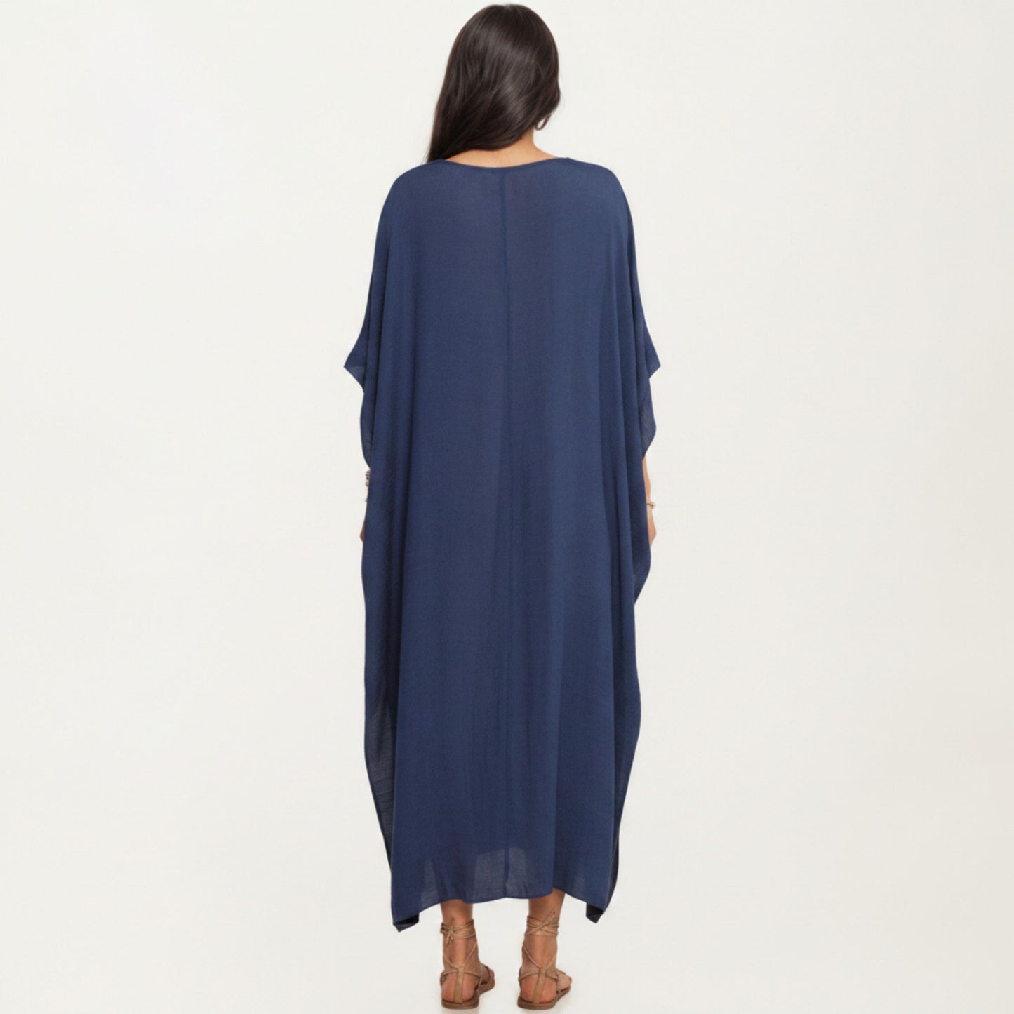 V-Neck Maxi Swim Cover Up Dress Loose Short Sleeve Lightweight Beach Caftan