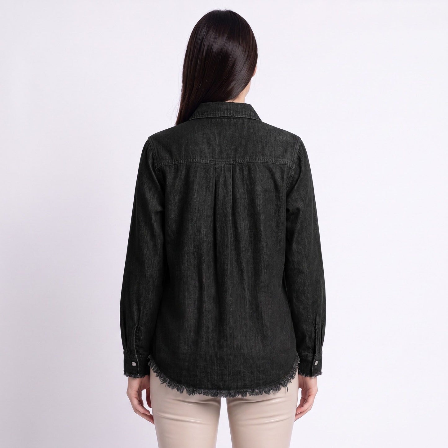 Sequin Denim Shirt Jacket Button Front Long Sleeve Frayed Hem Shacket
