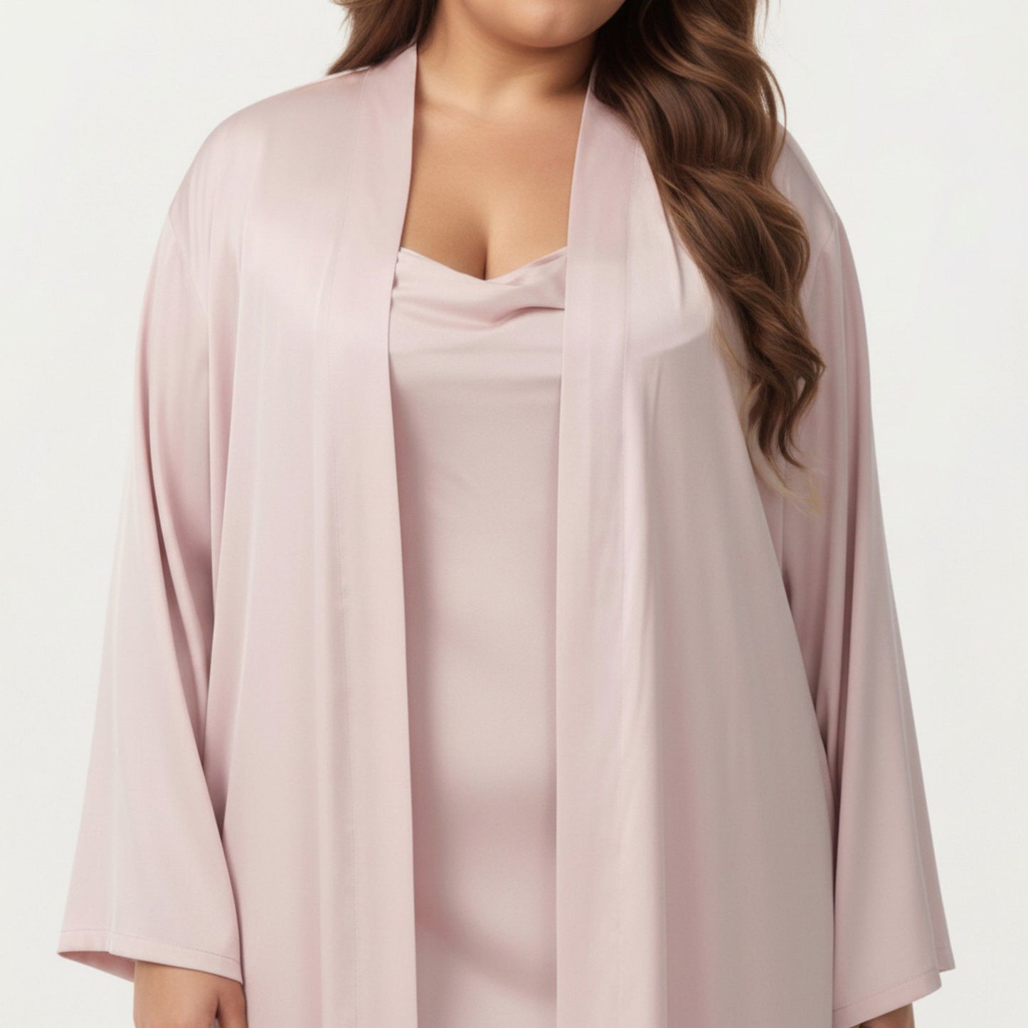 Plus Size 2-Piece Satin Nightgown Set with Long Sleeve Open Front Robe Sleeveless Slip Dress Sleepwear