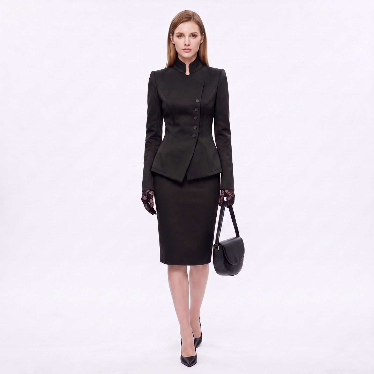 Asymmetric Button Front Blazer with Stand Collar and Peplum Hem