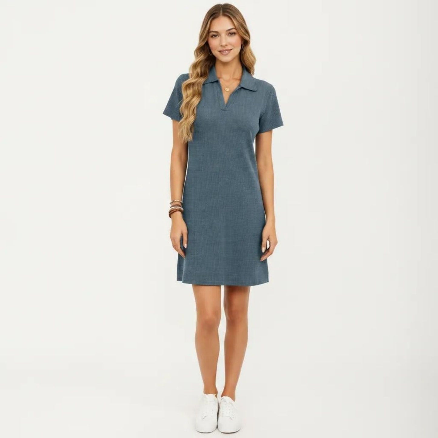 Short Sleeve Collared Mini Dress with Split V Neck Textured Knit Relaxed Fit Casual Dress
