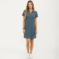 Short Sleeve Collared Mini Dress with Split V Neck Textured Knit Relaxed Fit Casual Dress