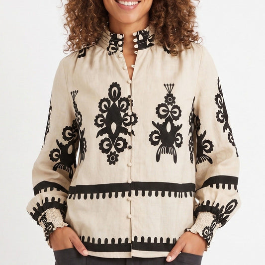 Printed Button Front Blouse Ruffle Stand Collar Long Sleeve Relaxed Fit Top