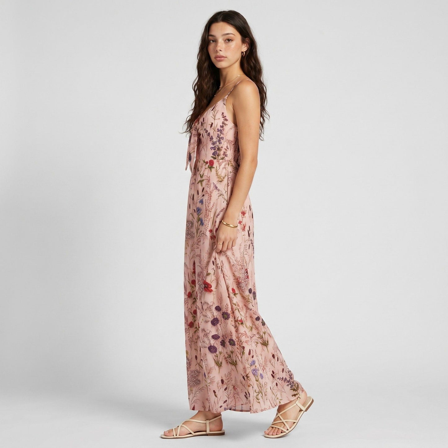 Floral Print Tie Front Maxi Dress with Spaghetti Straps and Flowy Skirt