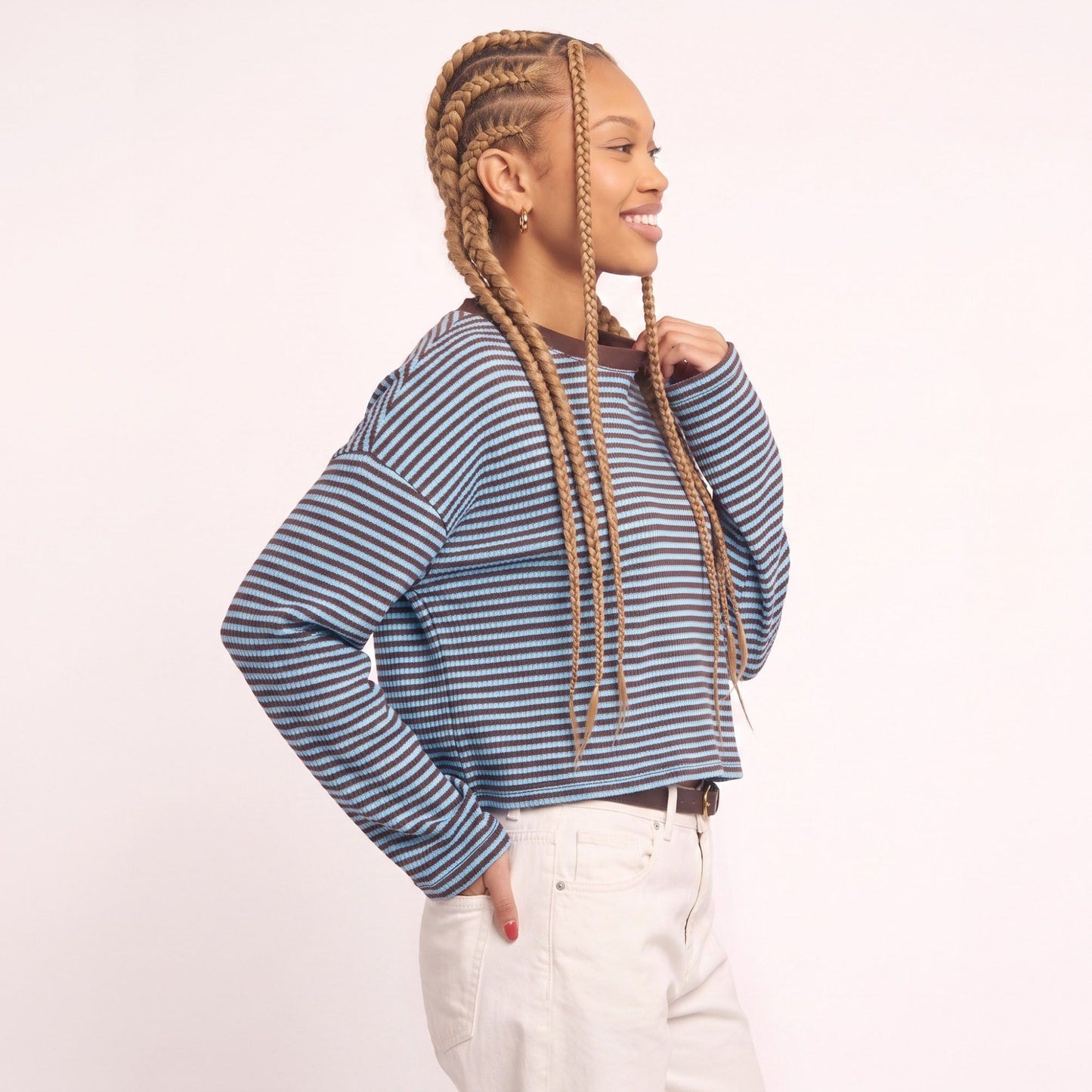 Striped Textured Knit Drop Shoulder Cropped Sweater