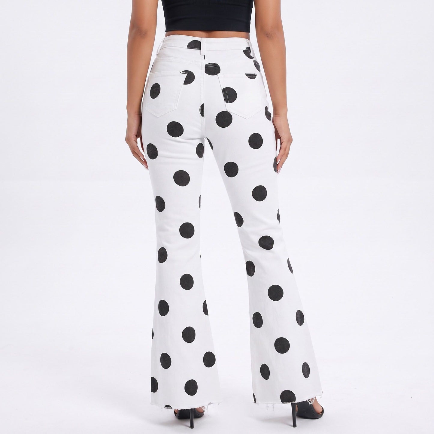 Polka Dot Flare Jeans High Rise Stretch Denim Pants