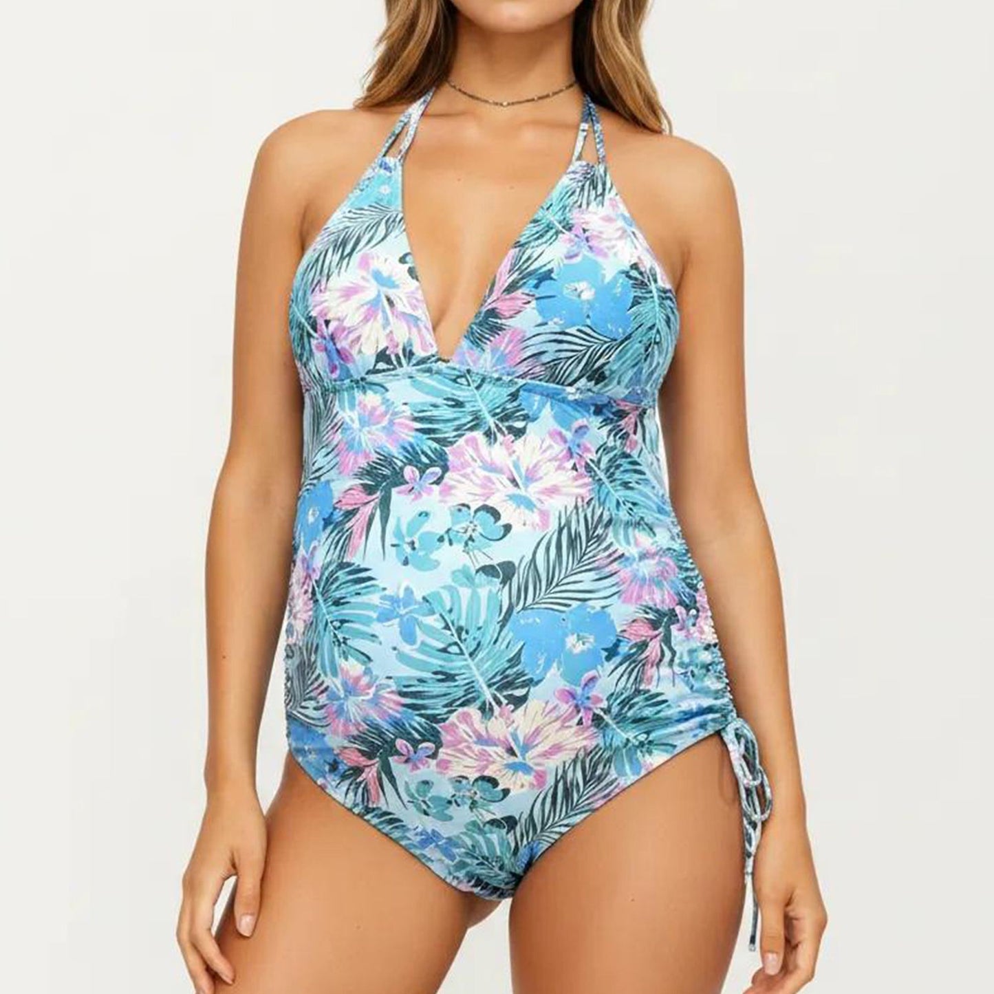 Maternity Floral Print One-Piece Swimsuit with Halter Neck and Side Tie Detail