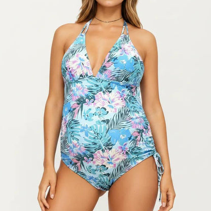 Maternity Floral Print One-Piece Swimsuit with Halter Neck and Side Tie Detail