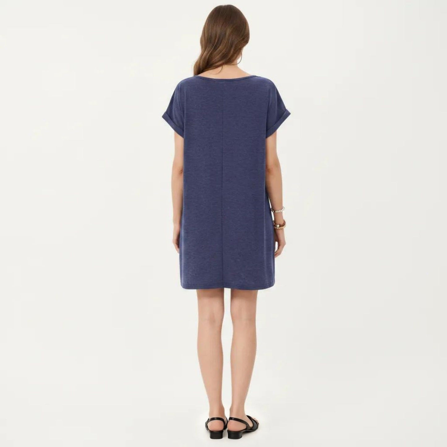 Short Sleeve Shift Dress with Split V Neck Embroidered Detail Relaxed Fit Casual Tunic Dress