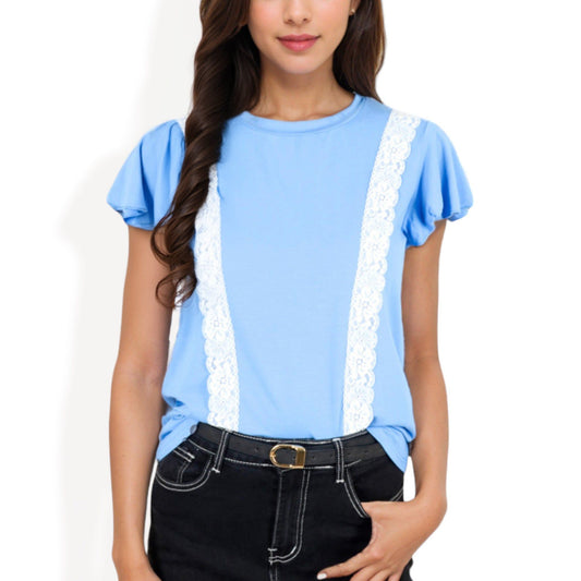 Short Sleeve Top with Lace Trim Detail and Puff Sleeves