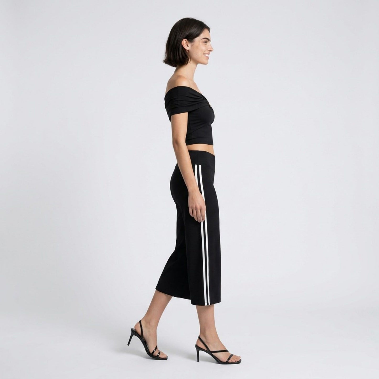 Crossover Waistband Side-Stripe Cropped Wide-Leg Trousers