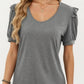 Short Puff Sleeve Top with Scoop Neck Textured Knit Relaxed Fit Casual Shirt