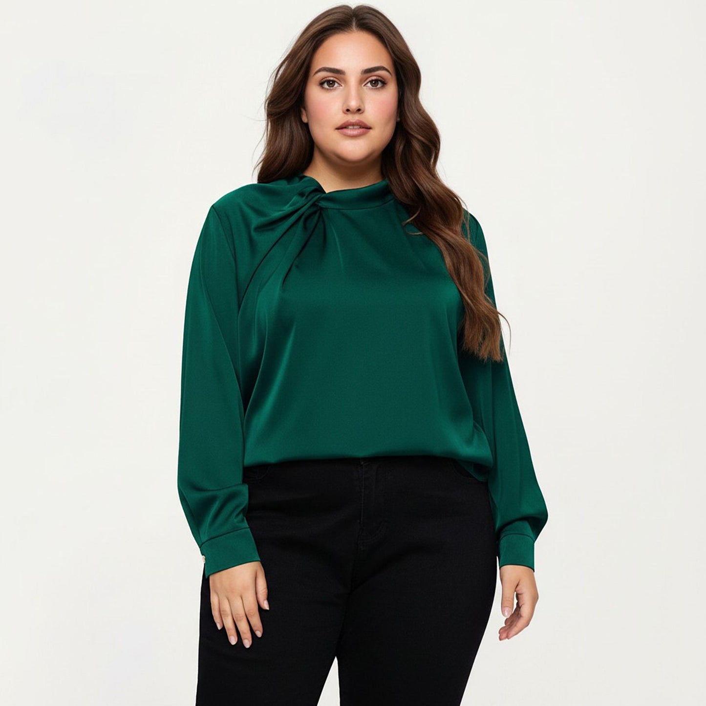 Plus Size Long Sleeve Blouse with Tie Neck Detail Relaxed Fit Silky Smooth Fabric