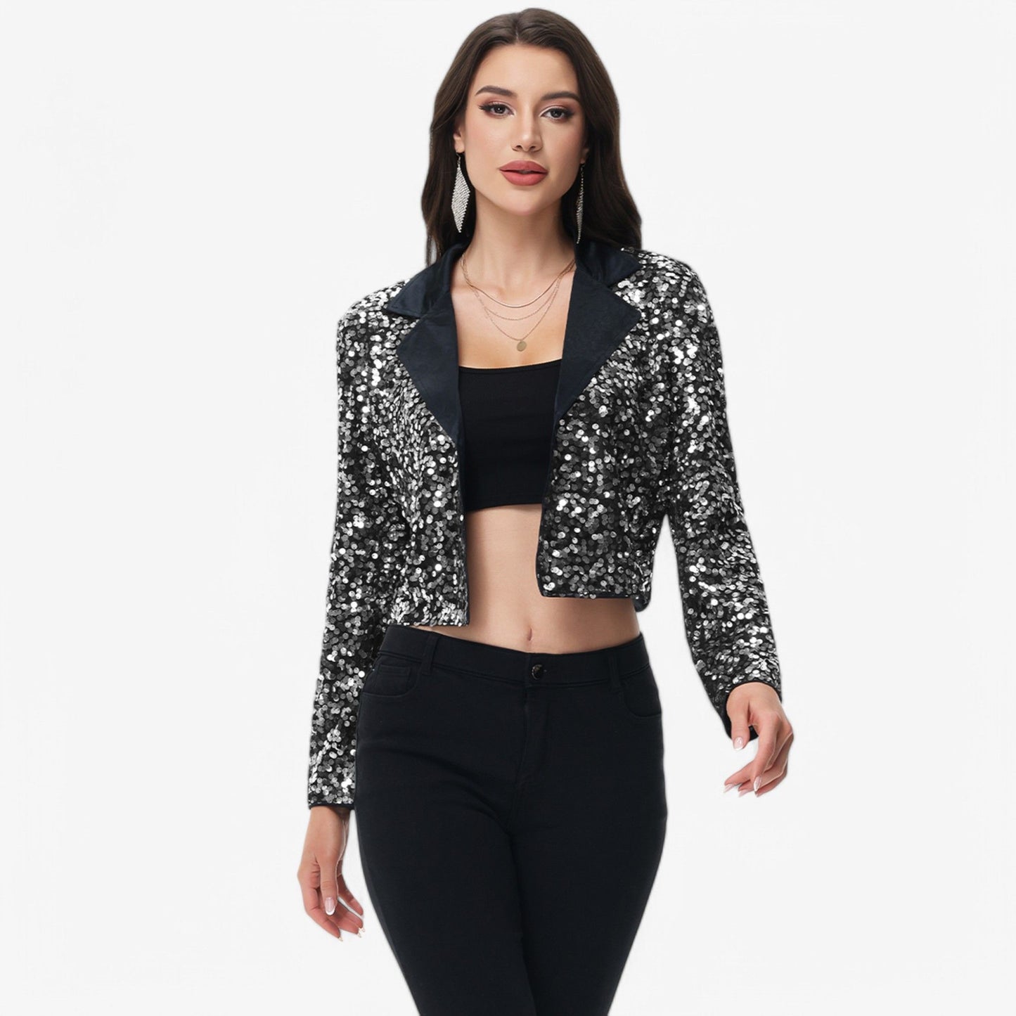 Sequin Cropped Blazer Long Sleeve Sparkly Open Front Jacket