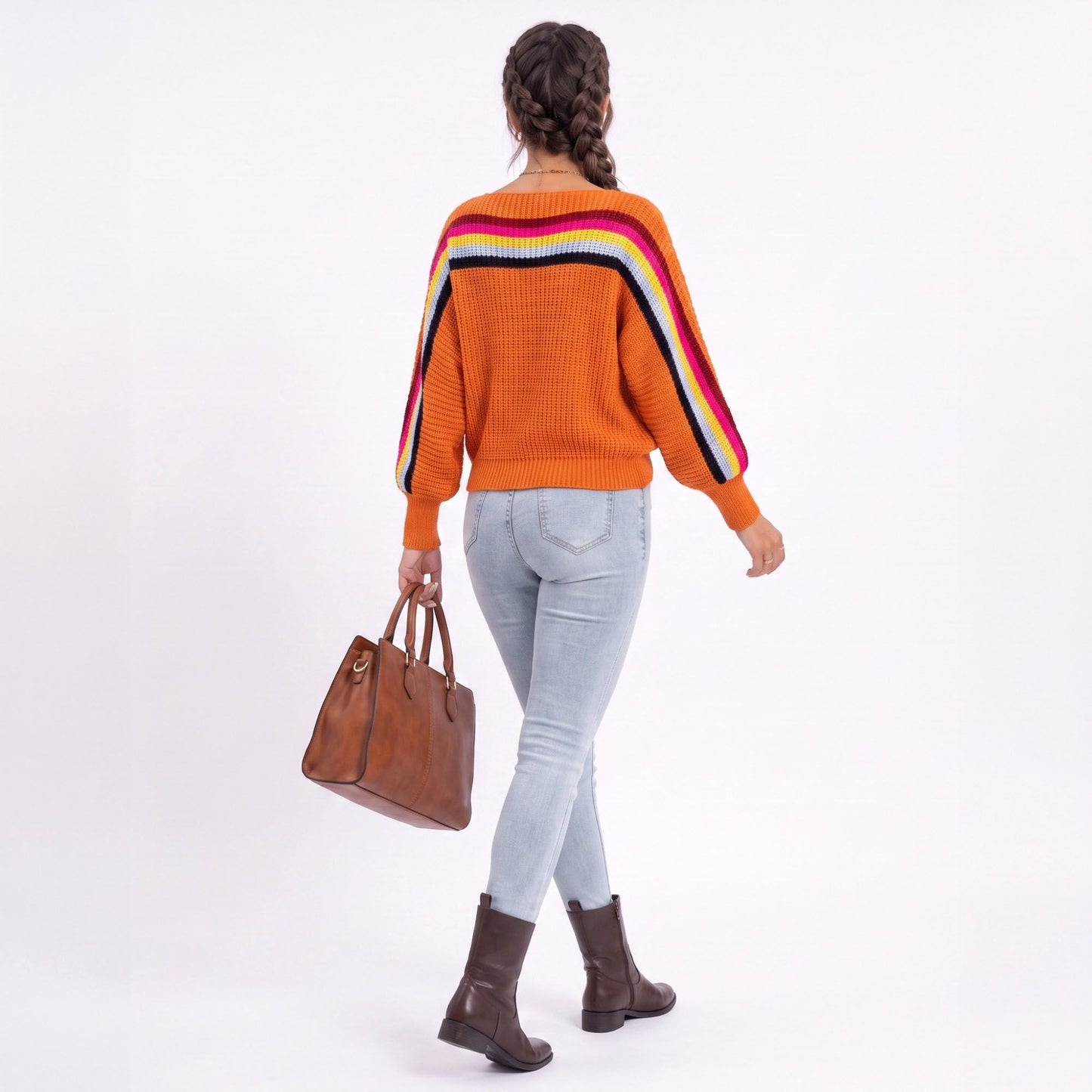 Rainbow Stripe One Shoulder Balloon Sleeve Knit Sweater