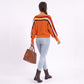 Rainbow Stripe One Shoulder Balloon Sleeve Knit Sweater