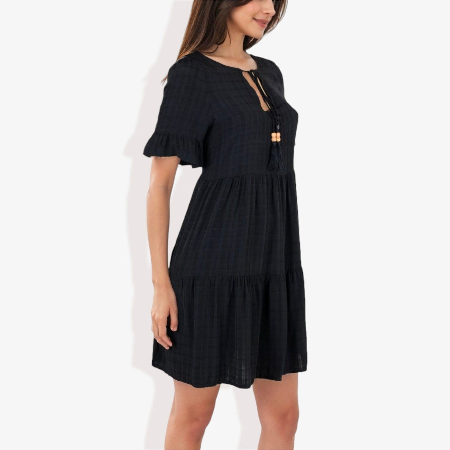 Ruffle Sleeve Tiered Dress With Button And Tassel Detail