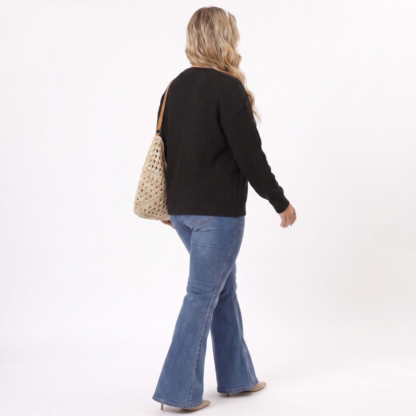 Plus Size Contrast Collar V-Neck Ribbed Sweater