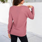 Long Sleeve Waffle Knit Top Notched Neckline Chest Pocket