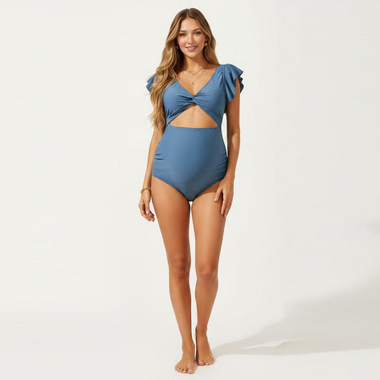 Maternity One-Piece Swimsuit with Ruffle Sleeves and Twist Front Detail