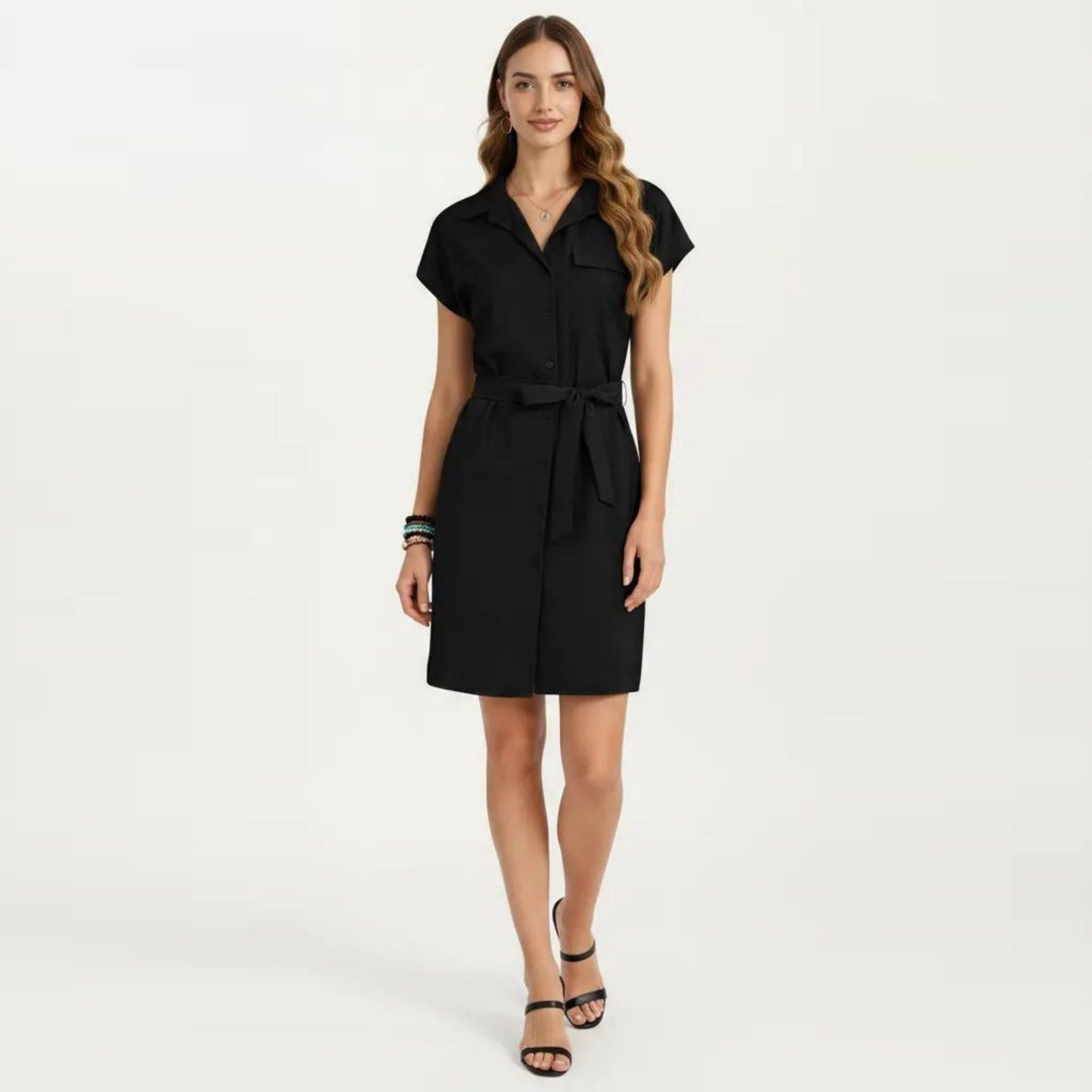 Short Sleeve Button Front Shirt Dress with Collared Neckline and Adjustable Waist Tie