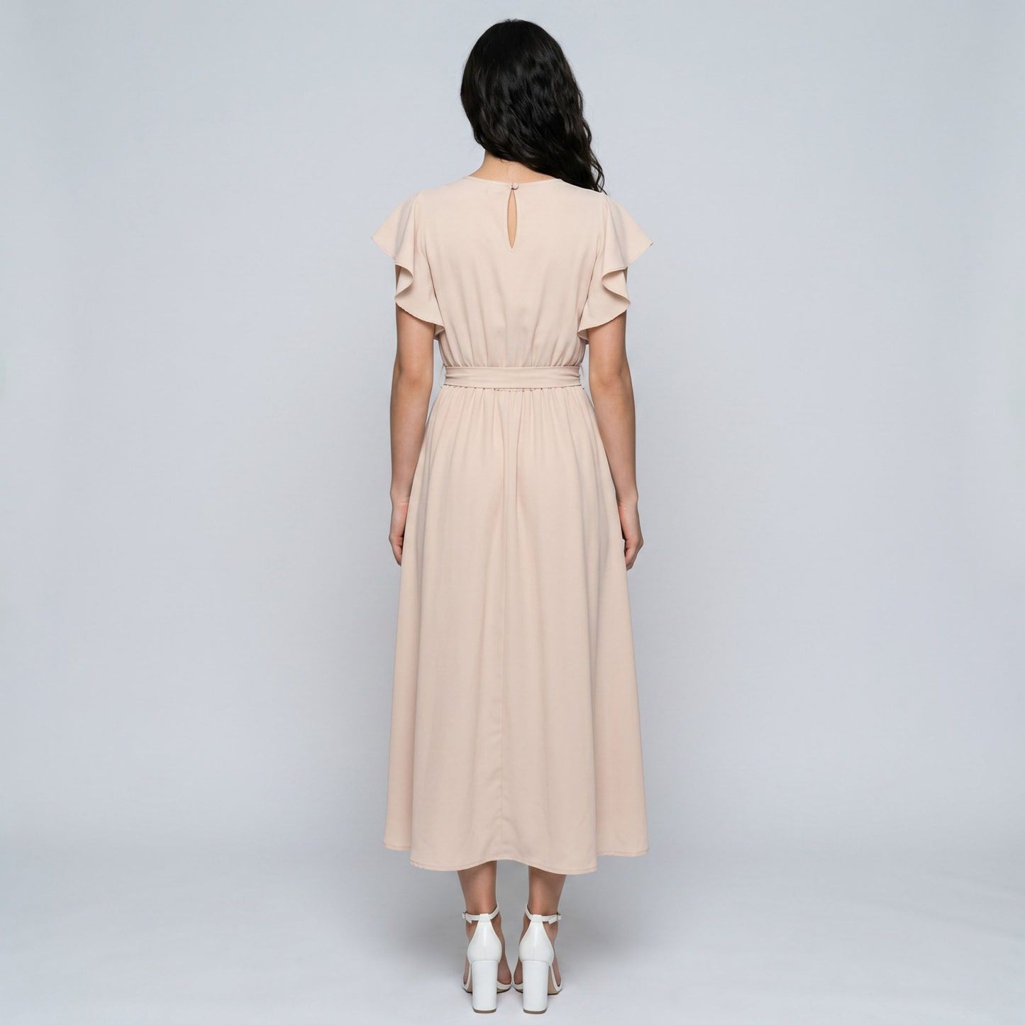 Flutter Sleeve Tie Waist Midi Dress with Round Neckline Flowy A Line Skirt and Soft Gathered Silhouette