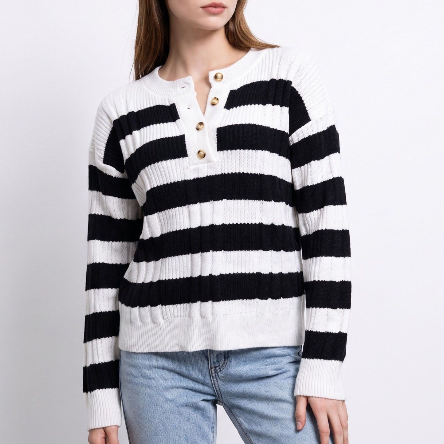 Striped Henley Ribbed Knit Pullover Sweater