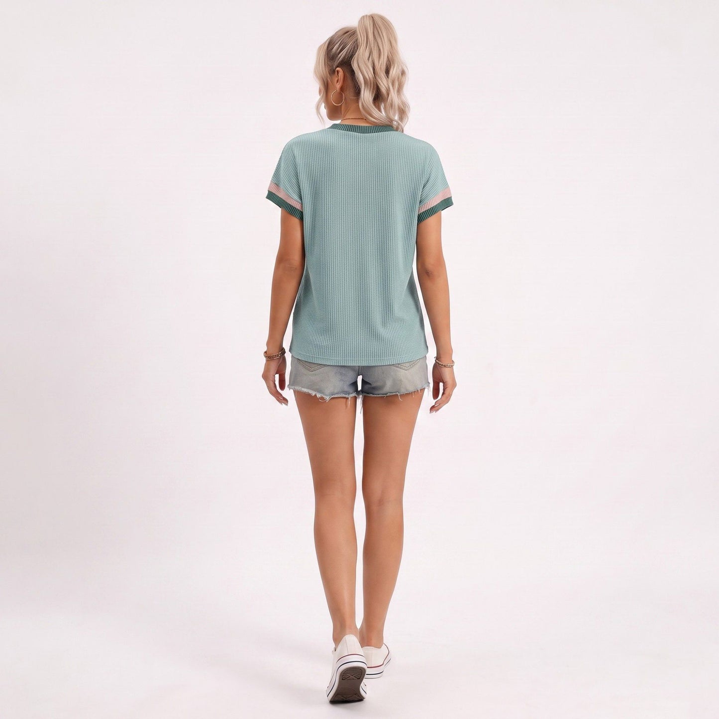 Ribbed Short Sleeve Top Contrast Trim Crew Neck Casual Tee