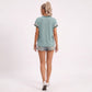 Ribbed Short Sleeve Top Contrast Trim Crew Neck Casual Tee