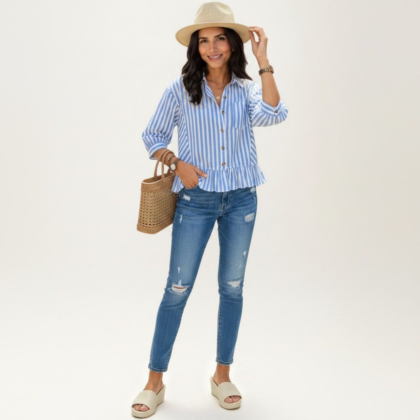 Striped Button Down Blouse with Collar Three Quarter Sleeve Peplum Hem Pocket Detail Casual Shirt