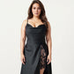 Plus Size Satin Wrap Nightgown with Lace Trim Adjustable Spaghetti Straps Side Tie Midi Length Sleepwear Dress