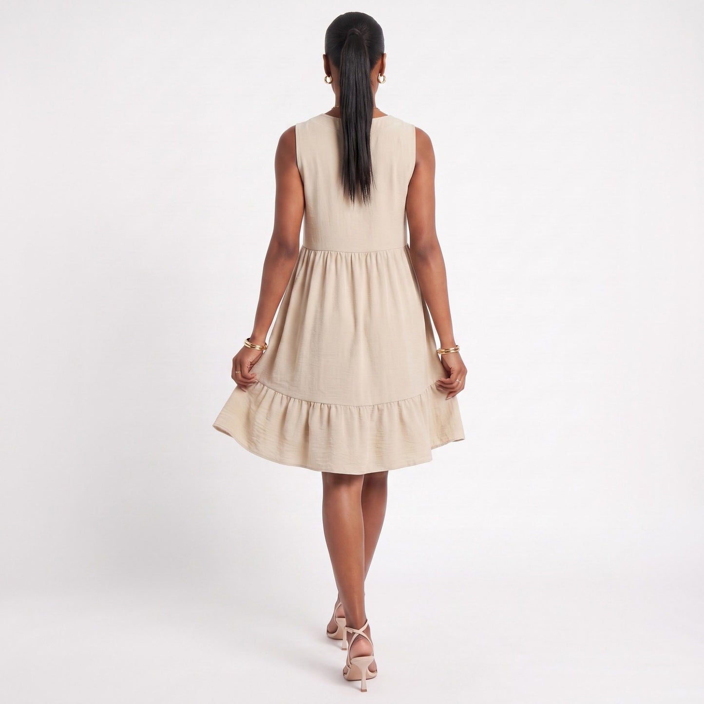 Sleeveless V-Neck Babydoll Ruffle Hem Dress with Pockets